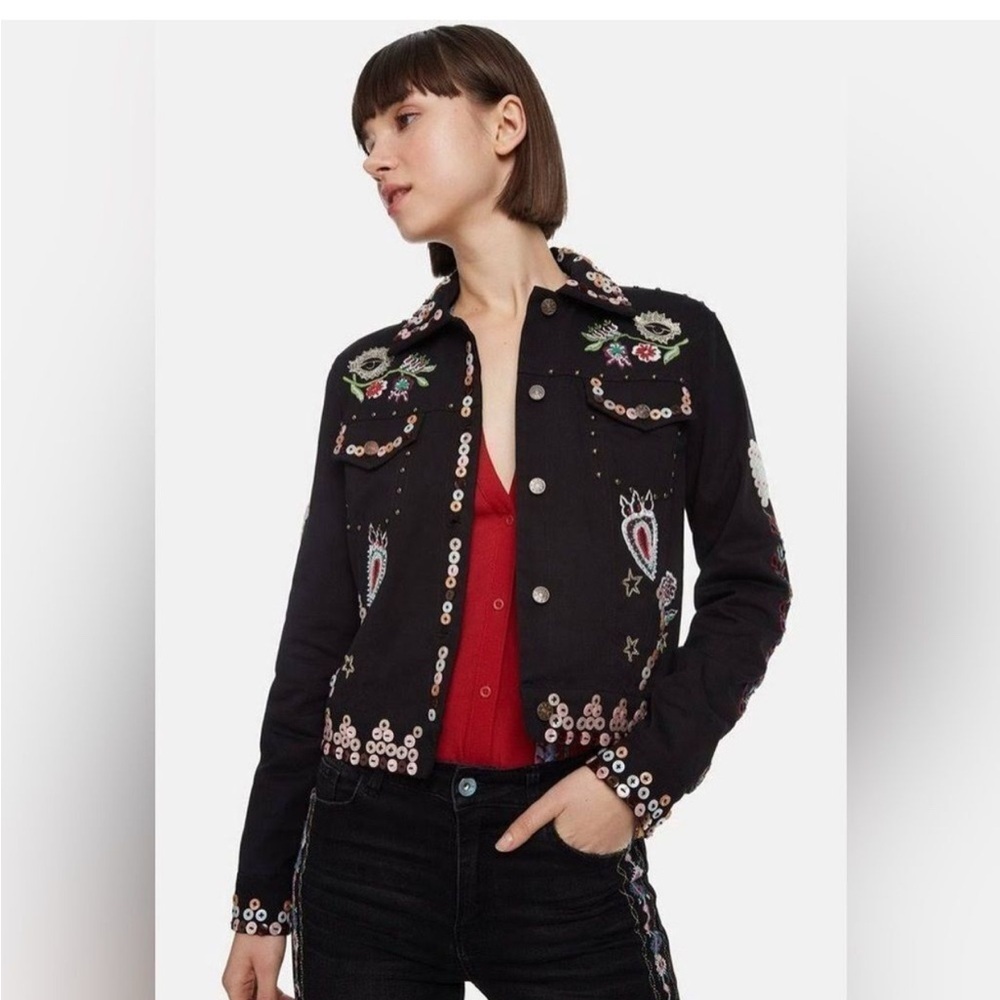 Desigual Ferrara Black Embellished Studded Embroidered Jacket Size 36, US Size 4 - Picture 4 of 16
